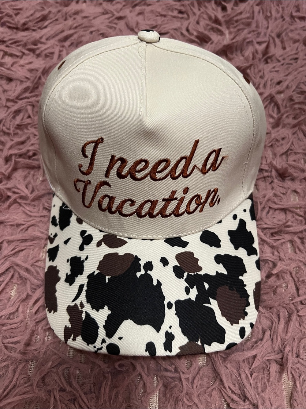 NWT Cream 'I need a Vacation.' Cap with Cow Print Brim